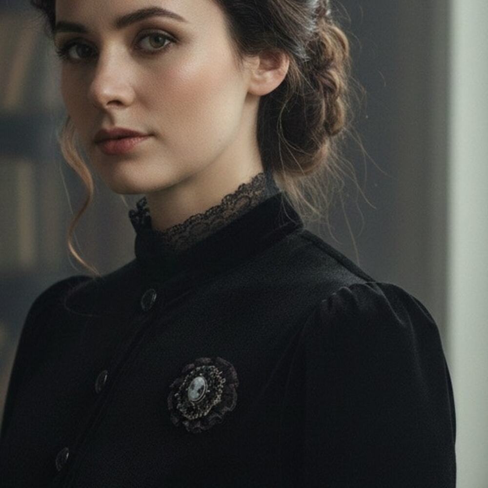 Vintage Mourning Brooch with Cameo and Lace
